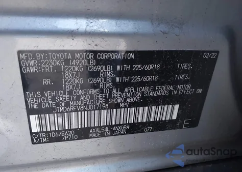 2022 Toyota Rav4 Hybrid Limited из США, поврежденный, VIN JTMD6RFV8NJ017198